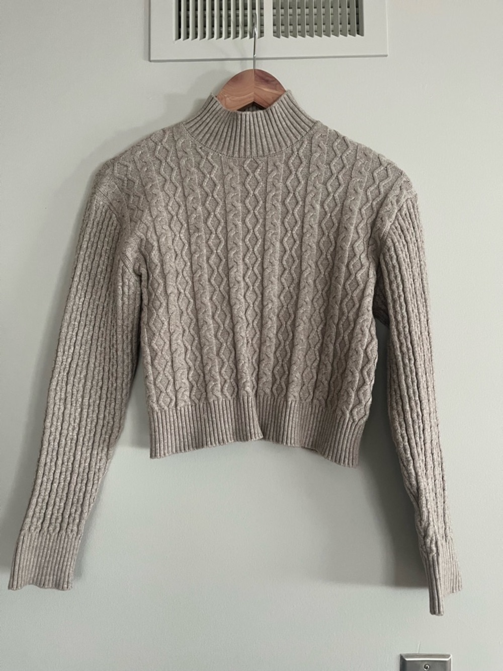 Cropped Cable Knit Mock Neck Sweater - Taupe